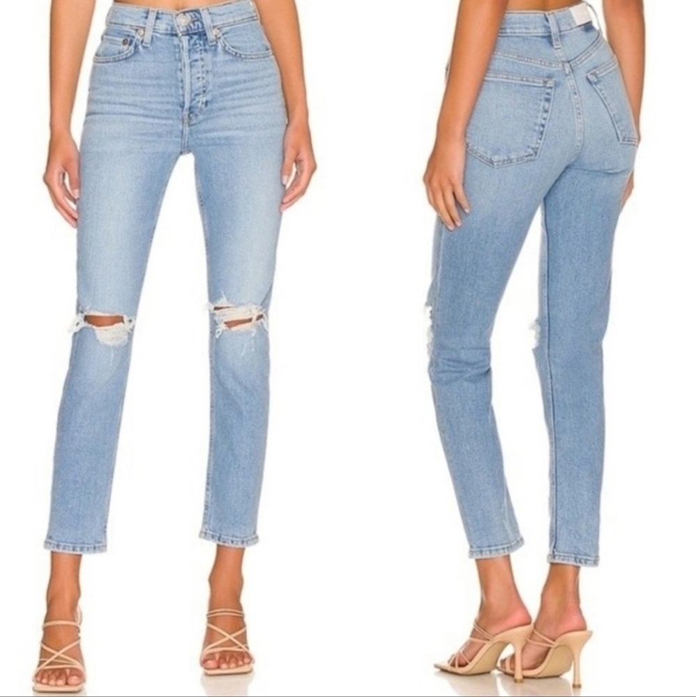 RE/DONE 90s High-rise Ankle Crop Jean Destroy Sanded Blue Size 26 NWT!
